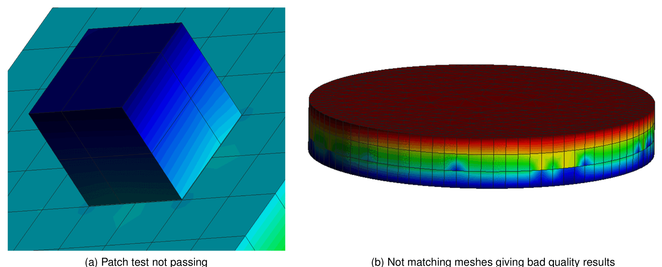 Left: 3D patch test with a small block on a large block, discontinuous displacement field; right: a disc on a plate with non-matching meshes showing spurious oscillations